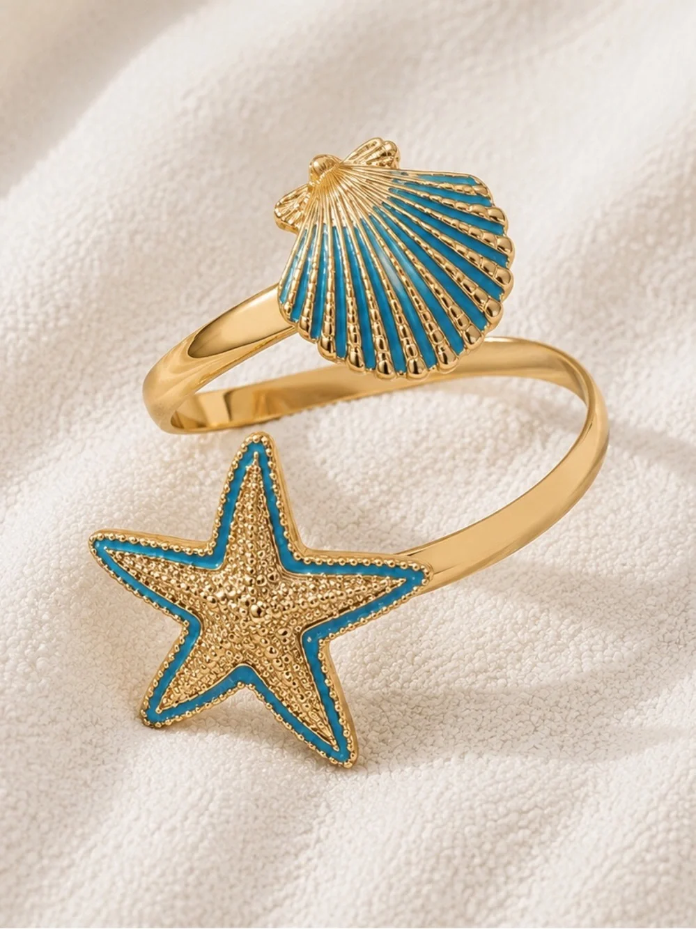 Coastal Starfish & Seashell Gold Cuff Bracelet Beach Vacation Jewelry
